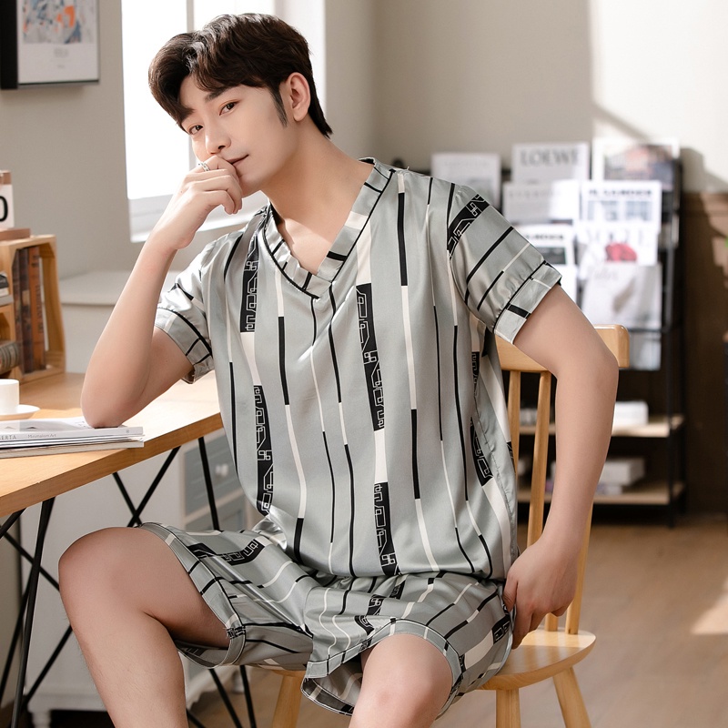 Bộ Đồ Ngủ Lụa Satin Tay Ngắn Cổ Chữ V Plus Size Thời Trang Hàn Quốc Cho Nam