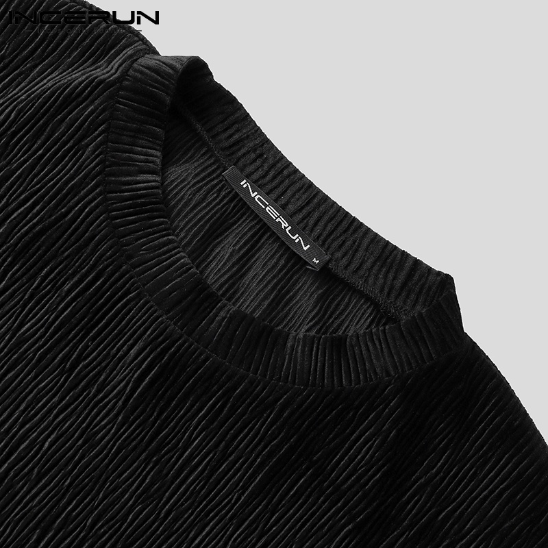 Áo thun INCERUN tay ngắn cổ tròn màu trơn phong cách đơn giản thường ngày dành cho nam