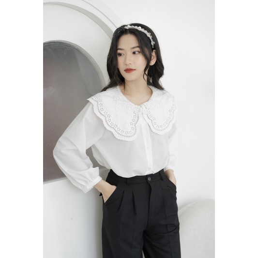 Sơ Mi Trắng Cổ Ren Phom Dáng Basic Cực Kỳ Dễ Mặc Cổ Ren Bản To 2 Lớp Ren Siêu Đẹp
