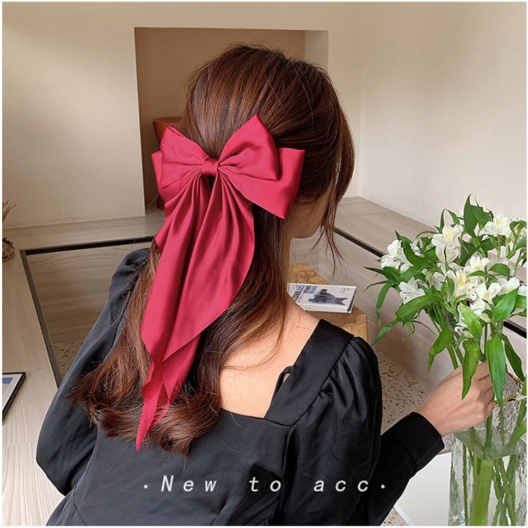 Kẹp tóc ruy băng dài hình nơ lớn màu sắc trơn phong cách Hàn Quốc cho nữ