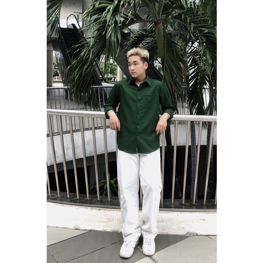 Áo Sơ Mi Tay Dài Unisex Xanh Lá Đậm Tối Hot Trend Street Style Mr Smile 99 Shop