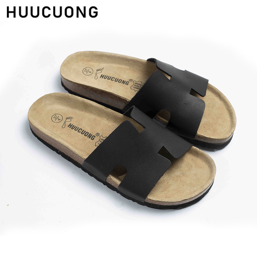 Dép unisex Huucuong chữ H da bò đen đế trấu