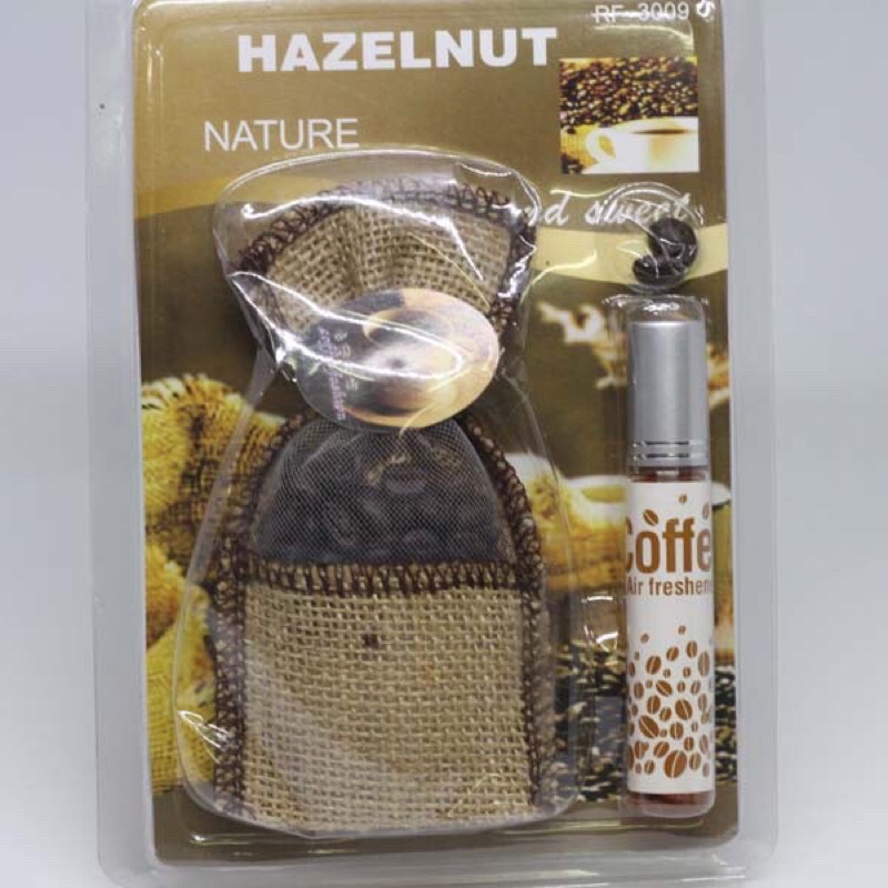 Bộ 1 túi hương thơm hạt cafe treo xe ôtô nguyên chất chất Hazelnut 20g + chai tinh dầu cafe hazelnut dạng bình xịt 20ml