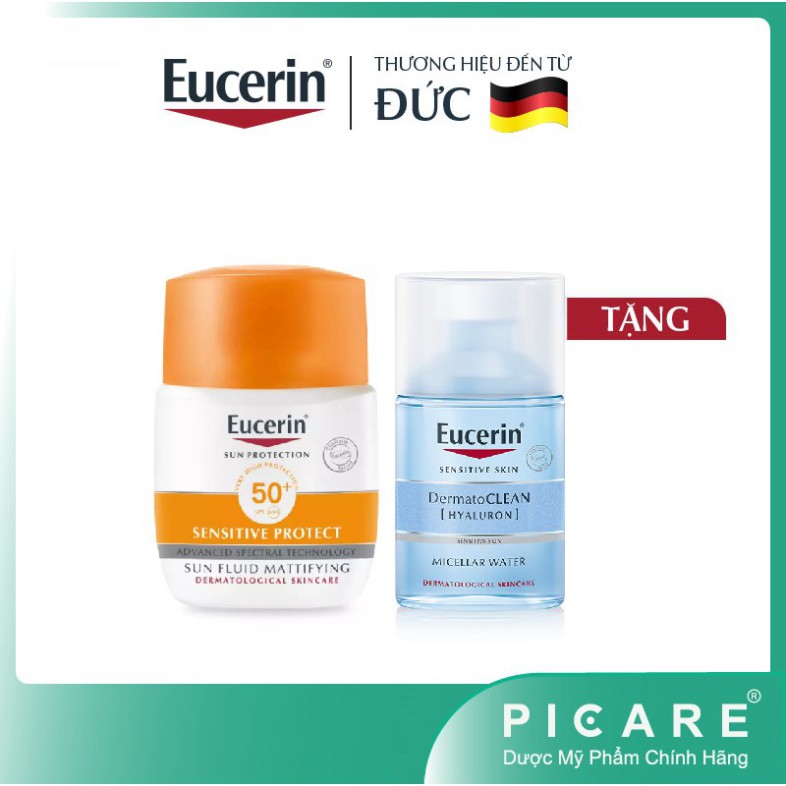[CHÍNH HÃNG] Kem chống nắng Eucerin Sun Fluid Mattifying SPF50+ 50ml tặng tẩy trang nhạy cảm Dermato Cleam 3IN1 100ML