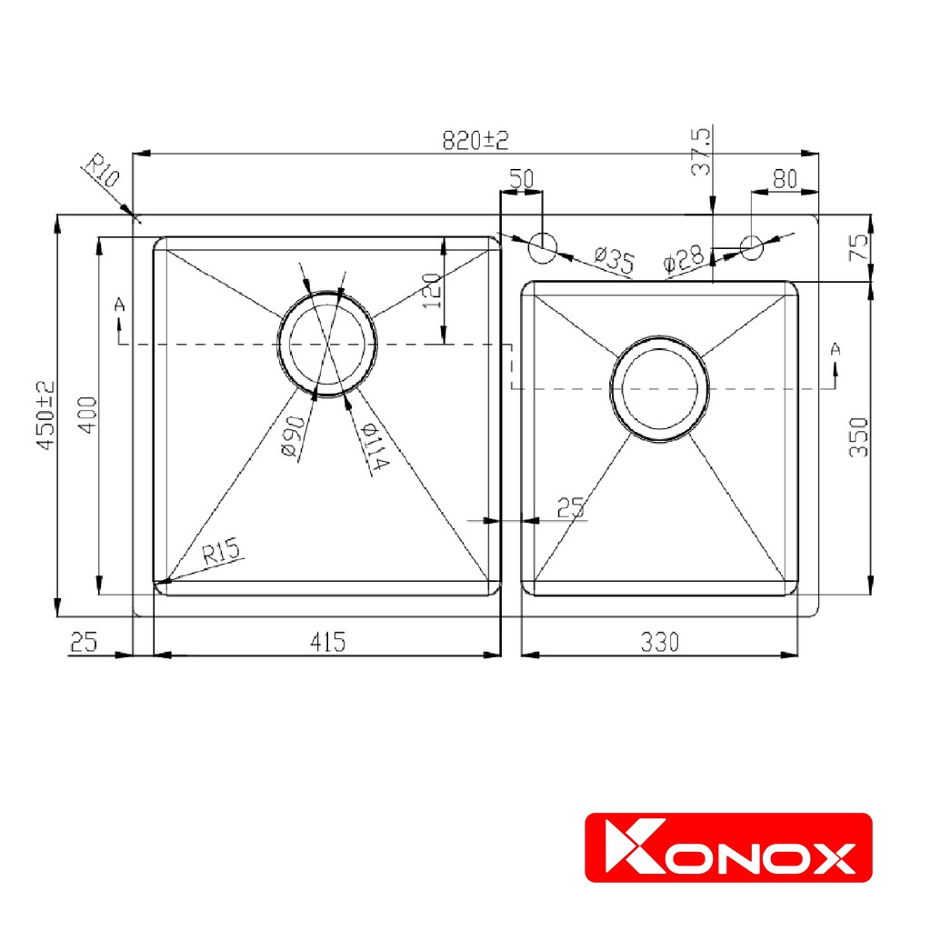 Chậu rửa bát inox KONOX Overmount Series KN8245DO, inox 304, full set gồm Siphon+Giá úp bát inox