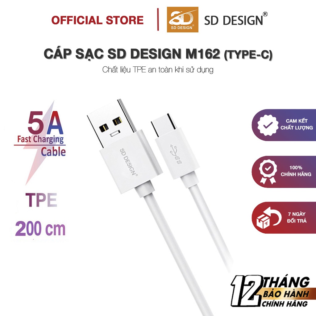 Cáp sạc TypeC SD DESIGN M162 chính hãng dây dài 2m2 chân sạc sử dụng cho các máy samsung oppo xiaomi bảo hành 1 đổi 1