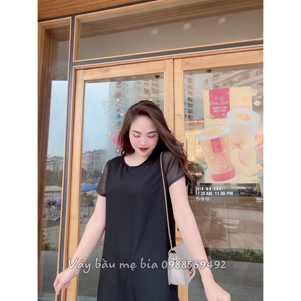 Đầm Bầu Công Sở - Váy Bầu GUME màu đen phối chân và tay voan tơ nhẹ nhàng chất vải sạn lụa size từ 40-100kg - MB62