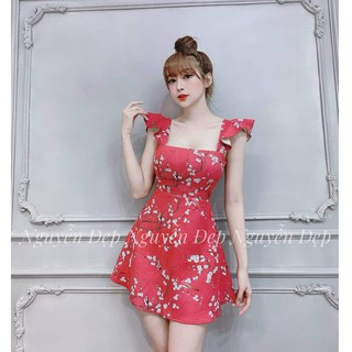 Đầm đỏ xoè hoa đào tay cánh tiên