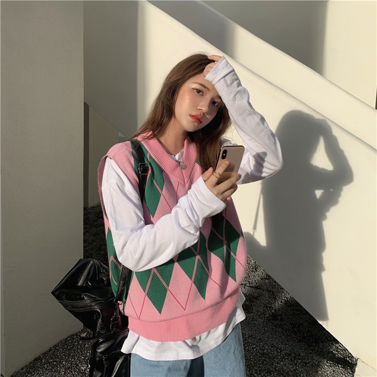 Xiaozhainv Áo len không tay thiết kế họa tiết hình học phong cách thời trang Hàn Quốc