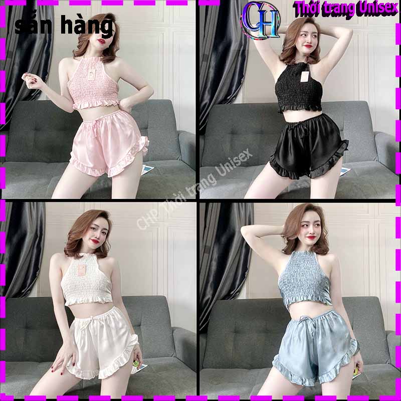 MẪU HÓT  Đồ ngủ sexy / Áo yếm 2 dây dập ly phối ren chất liệu lụa cao cấp freesize dưới 58kg kèm quần bèo gợi cảm
