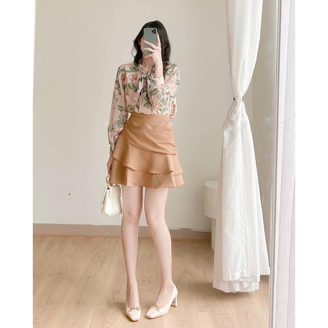 áo sơ mi hoa cổ nơ tiểu thư phong cách hàn quốc chất liệu vải tơ mềm mịn A42