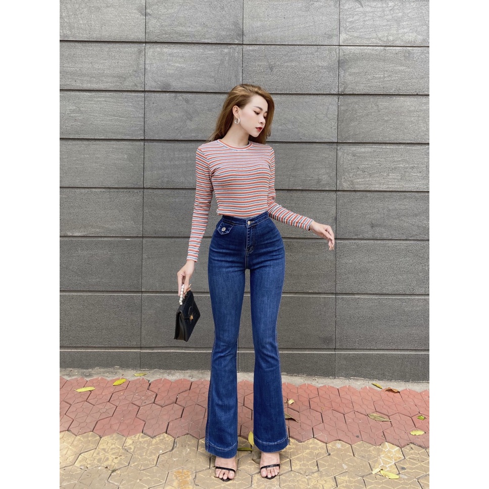 Áo thun tay dài nữ CRAZYTEEN cổ tròn họa tiết sọc AT0261