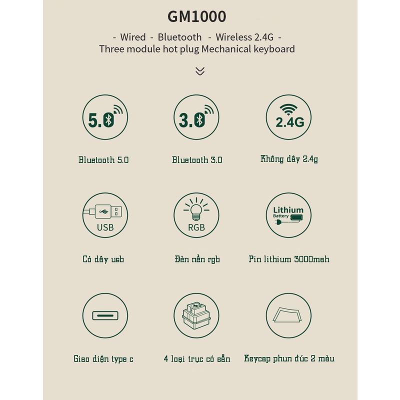 Bàn phím cơ không dây Newmen GM1000 Spring 3 Mode hotswap bảo hành 2 năm