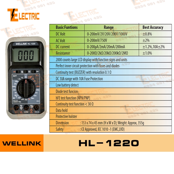 WELLINK HL - 1220 Đồng Hồ Đo Điện Vạn Năng Điện Tử Wellink HL 1220