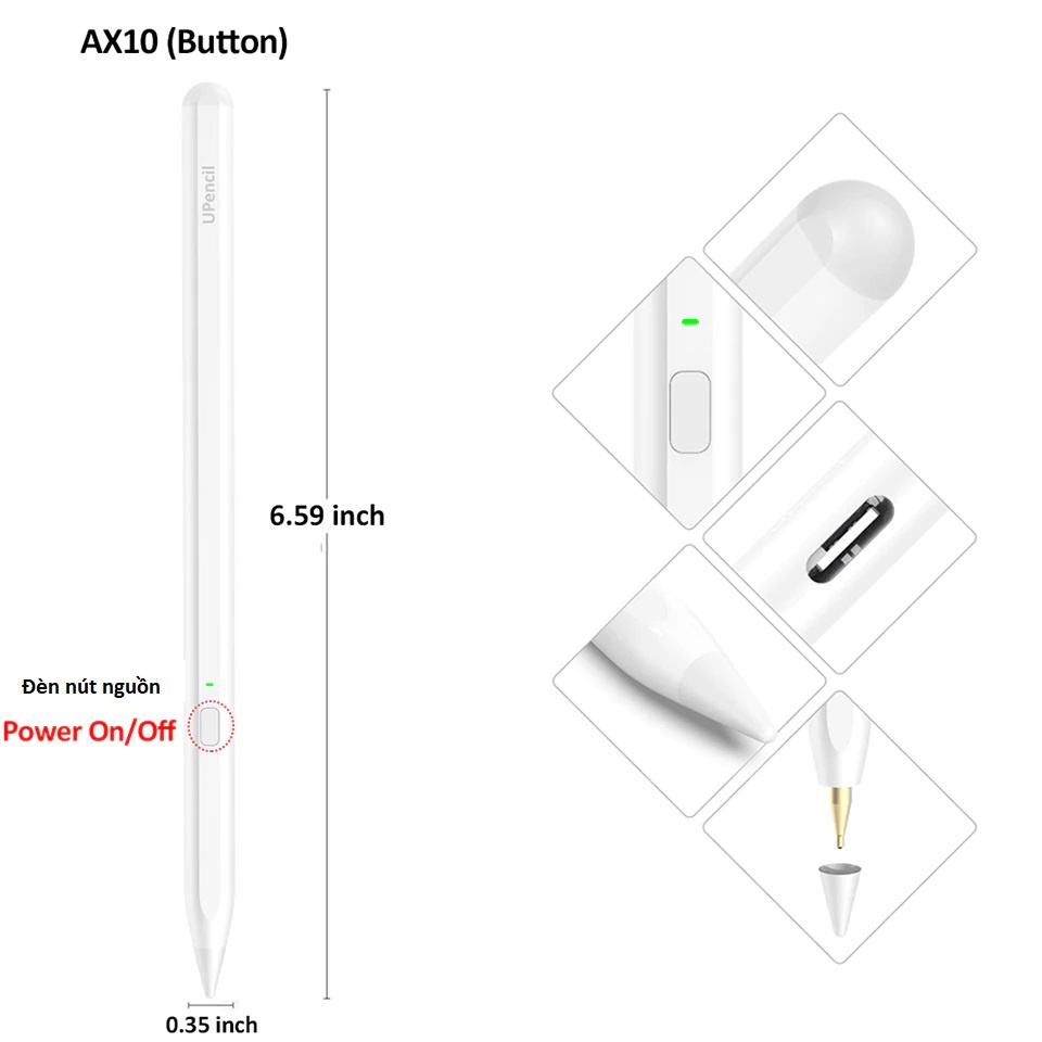 Bút cảm ứng Ipad Stylus U Pencil Gen 2 Pro - Chống chạm nhầm, vẽ nét thanh đậm, ghi chú cho iPad - A70