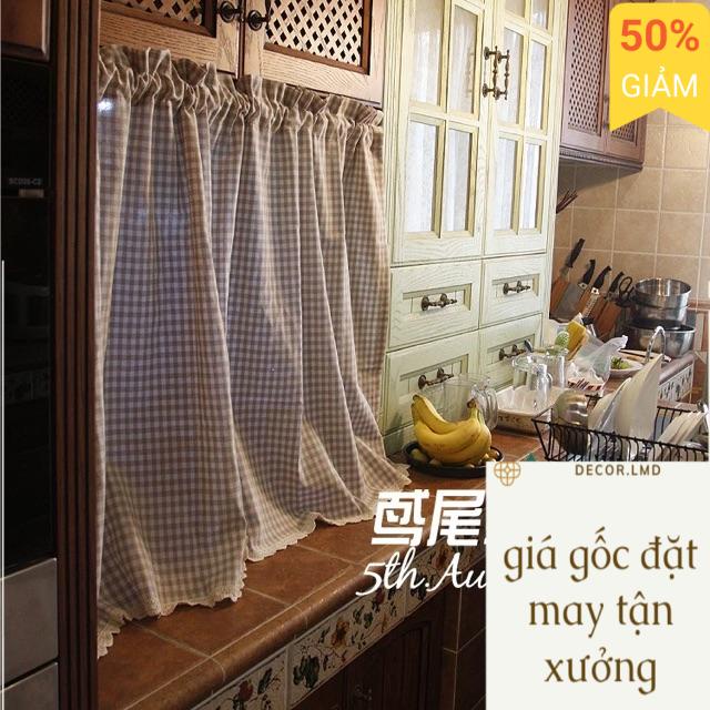 Rèm kẻ caro be che kệ bếp và viền,phong cách vintage chống nắng cao cấp, màn vải treo tường trang trí decor phòng ngủ