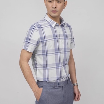 Áo sơ mi nam công sở Aristino tay ngắn màu trắng caro xanh dáng Slim fit chất sợi sồi cao cấp ASS022S9
