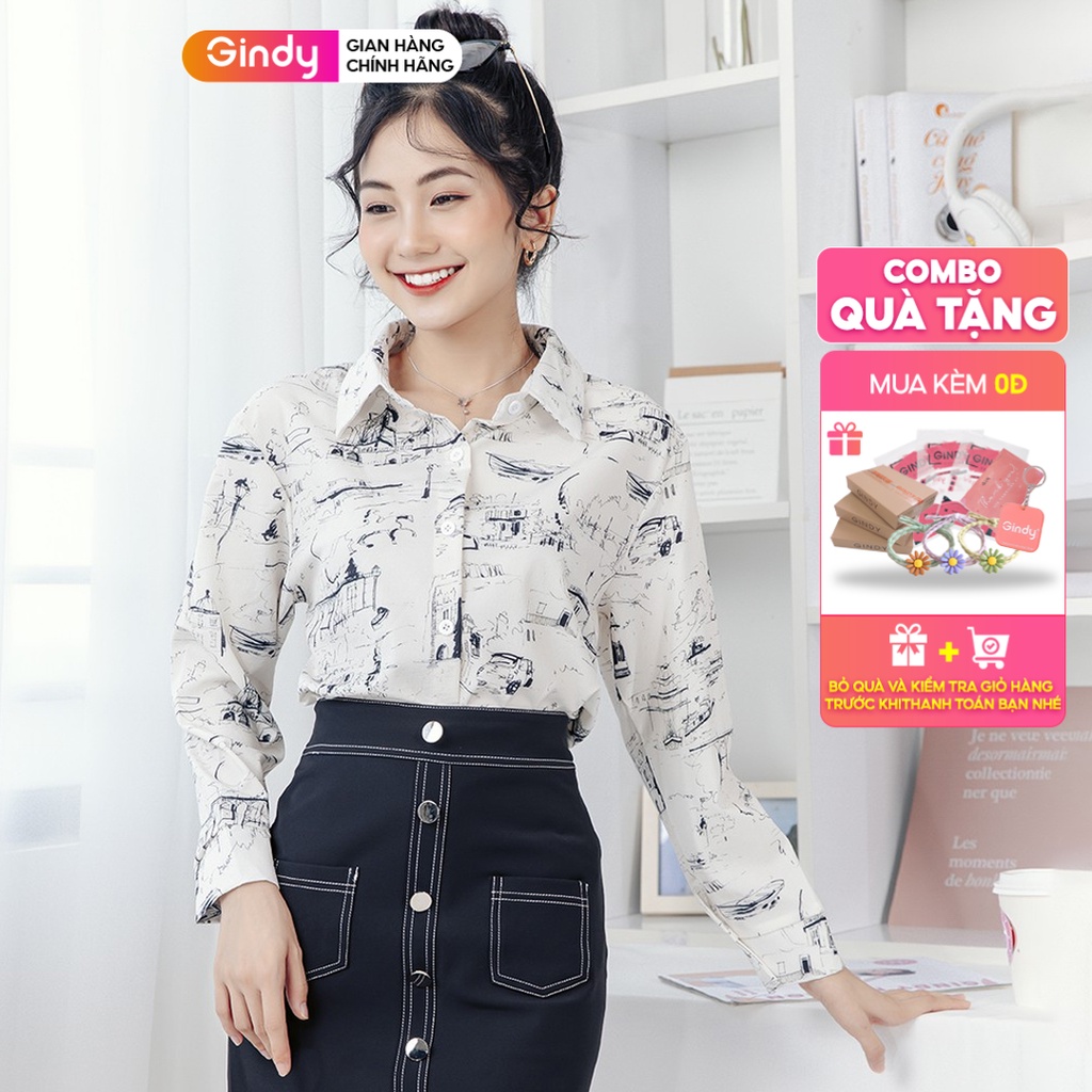 Áo sơ mi nữ họa tiết Hà Lan cổ bẻ dài tay dáng suông form rộng GINDY thời trang xuân hè công sở, học sinh A10040