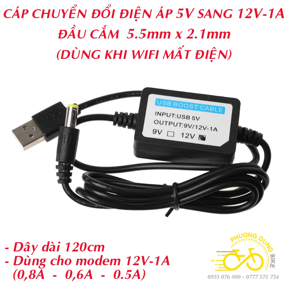 Dây cáp nguồn USB 5V sang 12V (Dùng cho modem WIFI - Mất điện vẫn có WIFI dùng)