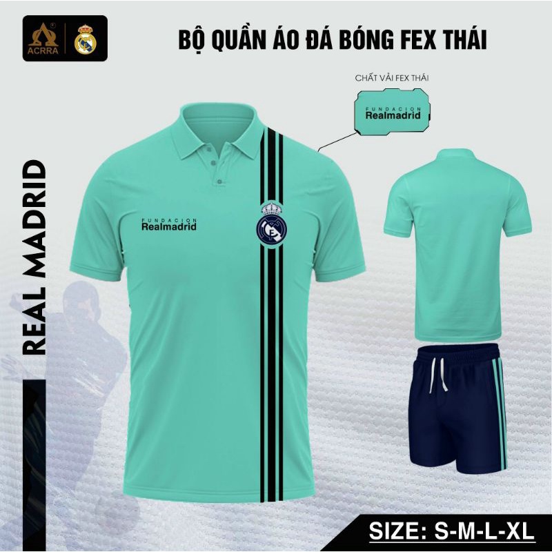 Bộ quần áo polo di chuyển clb Real Real madrid màu xanh ngọc