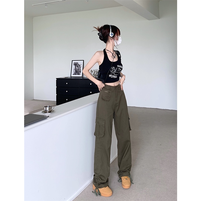 Quần Jean Ống Rộng Lưng Cao Phối Nhiều Túi Phong Cách Retro Mỹ