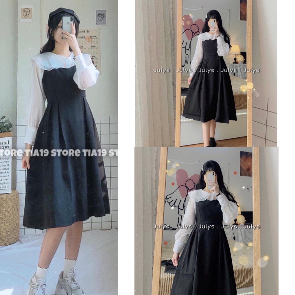 Set áo và váy yếm buộc dây   Freeship  Bộ váy yếm babydoll kèm áo sơ mi cài cúc