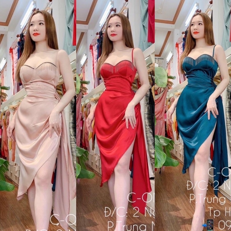Đầm body phi thun lụa phối tua rua TRIPBLE T DRESS - Free size dưới 56kg