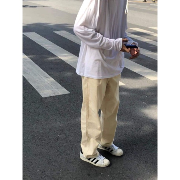 Quần kaki trơn ống rộng gài nút nam nữ Hàn Quốc