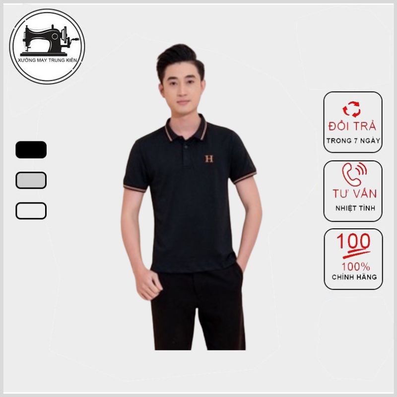 Áo Polo Nam, Áo Phông Nam Cổ Bẻ Phối Viền Thêu Chữ H Cam Chất Liệu Cá Sấu PVC - AC129