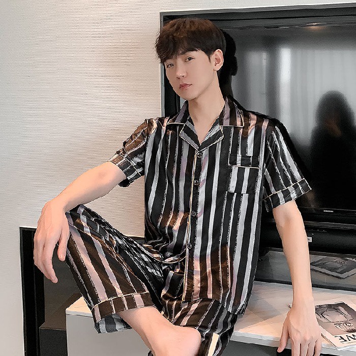 Bộ Đồ Ngủ Tay Ngắn Chất Lụa Satin Dáng Rộng Thời Trang Hàn Quốc Cho Nam Size L-5XL
