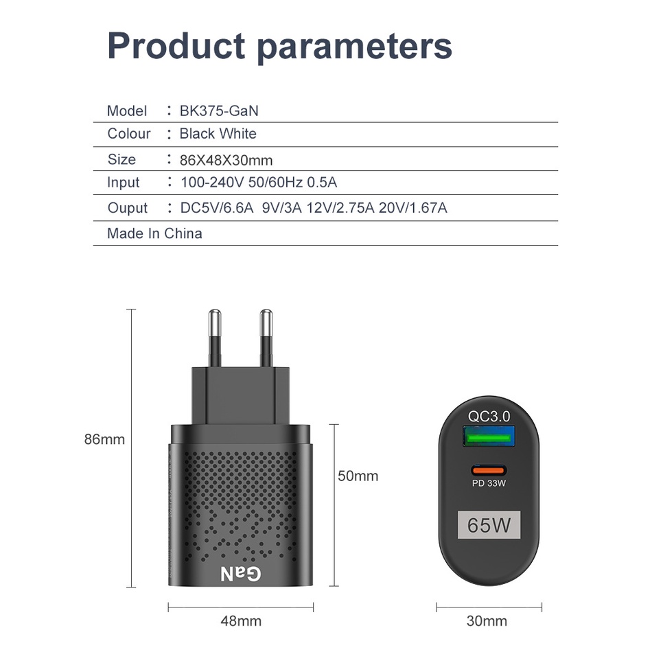 Cốc Sạc Nhanh USB Loại C 65W Cho MacBook QC 3.0 PD3.0 Huawei