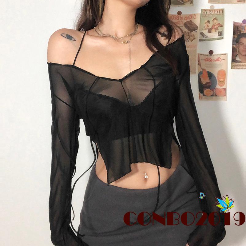 Áo Thun Tay Dài Phối Lưới Có Dây Điều Chỉnh Màu Sắc Thời Trang Quyến Rũ Cho Nữ