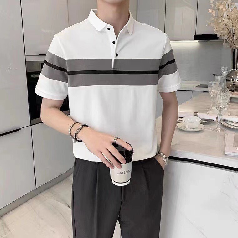 Áo Polo Nam Có Cổ Trắng Đen Phối Sọc Ngang Phom Slimfit Chất Liệu Cotton Thoáng Mát Phong Cách Trẻ Trung