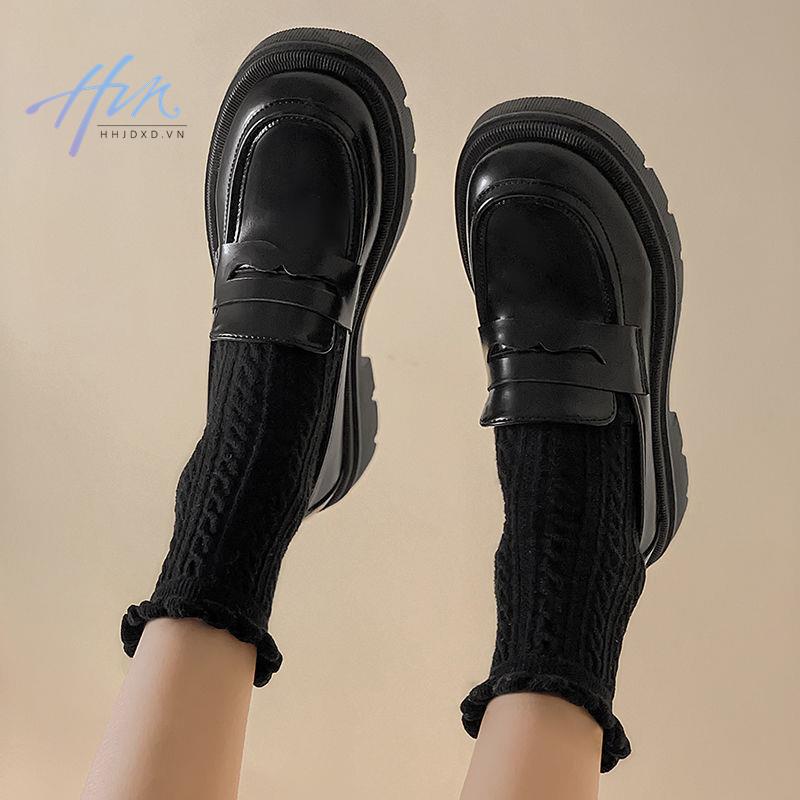 Giày da gót dày mũi tròn phong cách Anh quốc thời trang nữ 2022