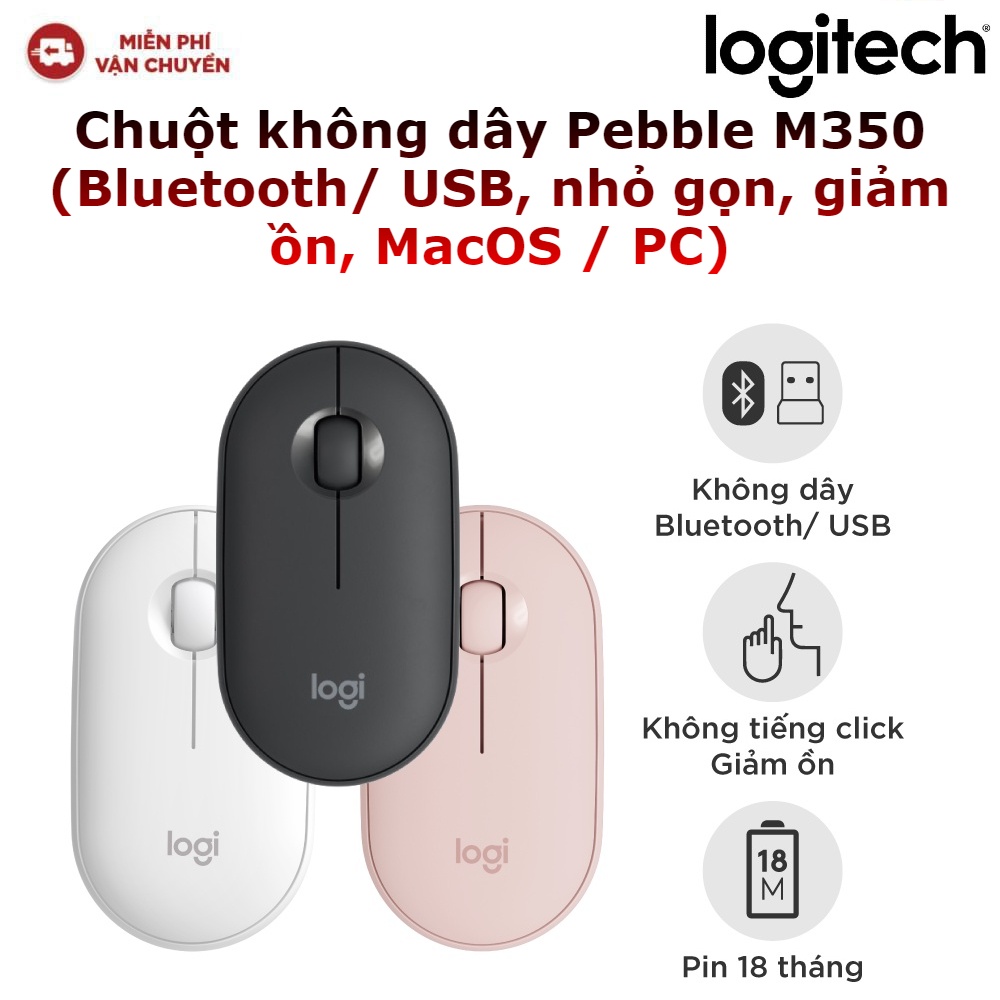 Chuột không dây Logitech Pebble M350 (Bluetooth/ USB, nhỏ gọn, giảm ồn, MacOS / PC)