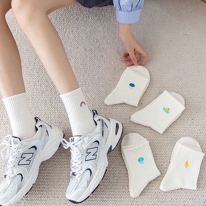 Tất Vớ Dài Cổ Cao Nam Nữ Trắng Cotton Thêu Hình Thời Tiết, vải dày dặn mềm mại, cotton thấm hút