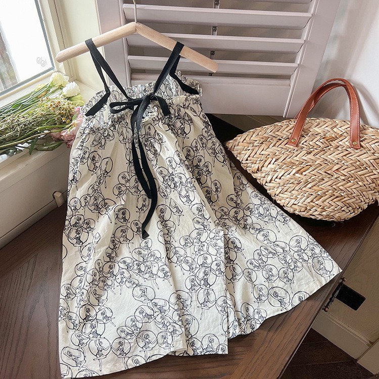 Đầm váy maxi dây hoạ tiết cô gái mùa hè cho bé D832