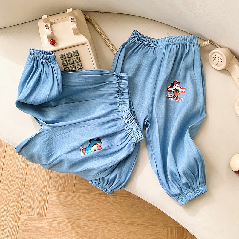 Quần Dài Denim Mềm Lưng Thun In Họa Tiết Hoạt Hình Phong Cách Hàn Quốc Thời Trang Mùa Hè Cho Bé Trai + Gái