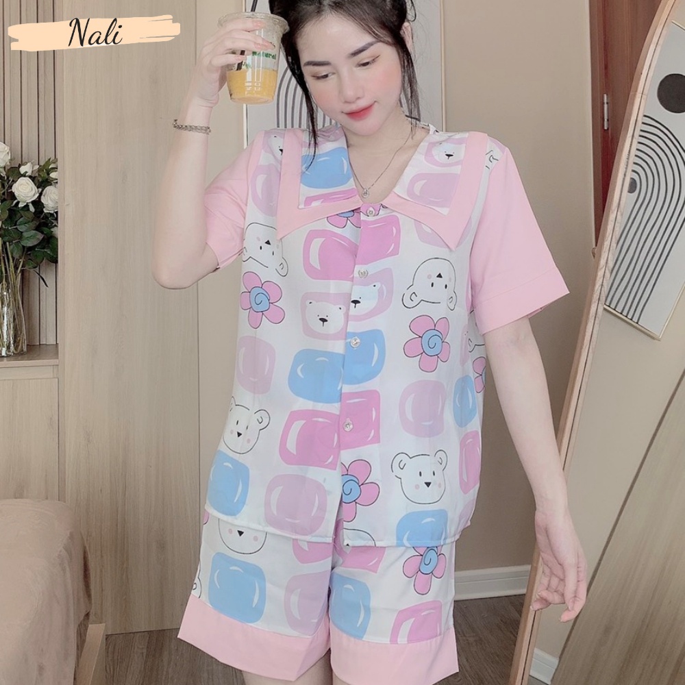 Bộ pijama nữ cộc tay quần đùi chất liệu lụa mango cao cấp, bộ đồ ngủ nữ cổ nhọn hoạ tiết hoạt hình dễ thương CC12
