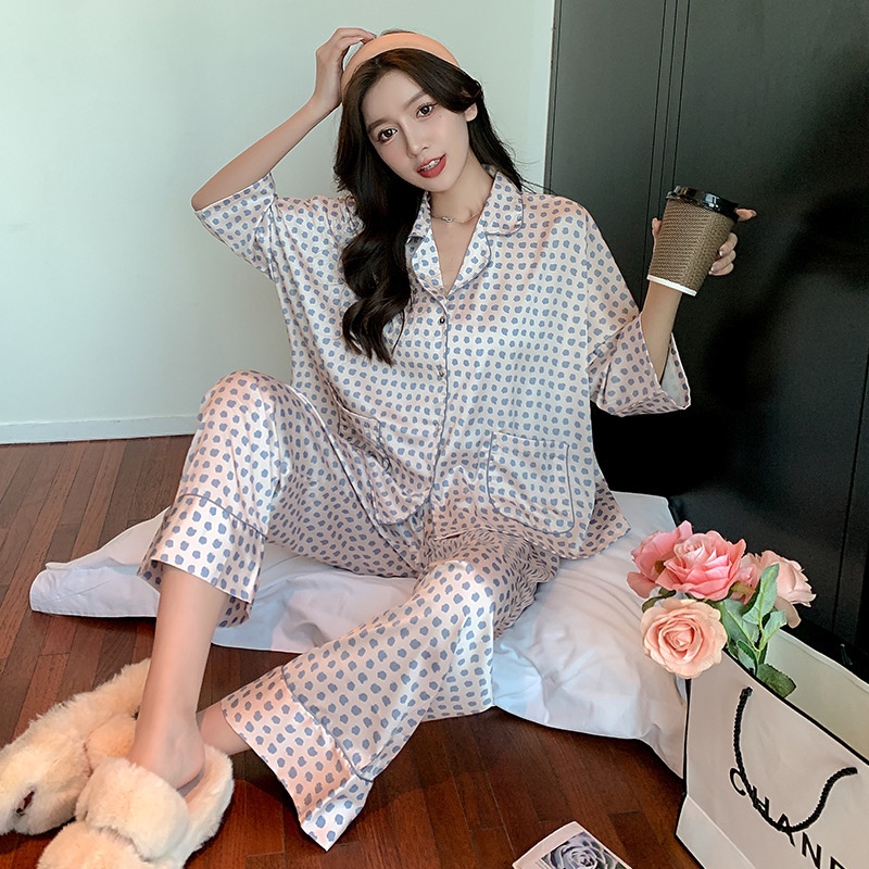 Bộ Đồ Ngủ Lụa Tay Lửng In Họa Tiết Thời Trang Dành Cho Nữ