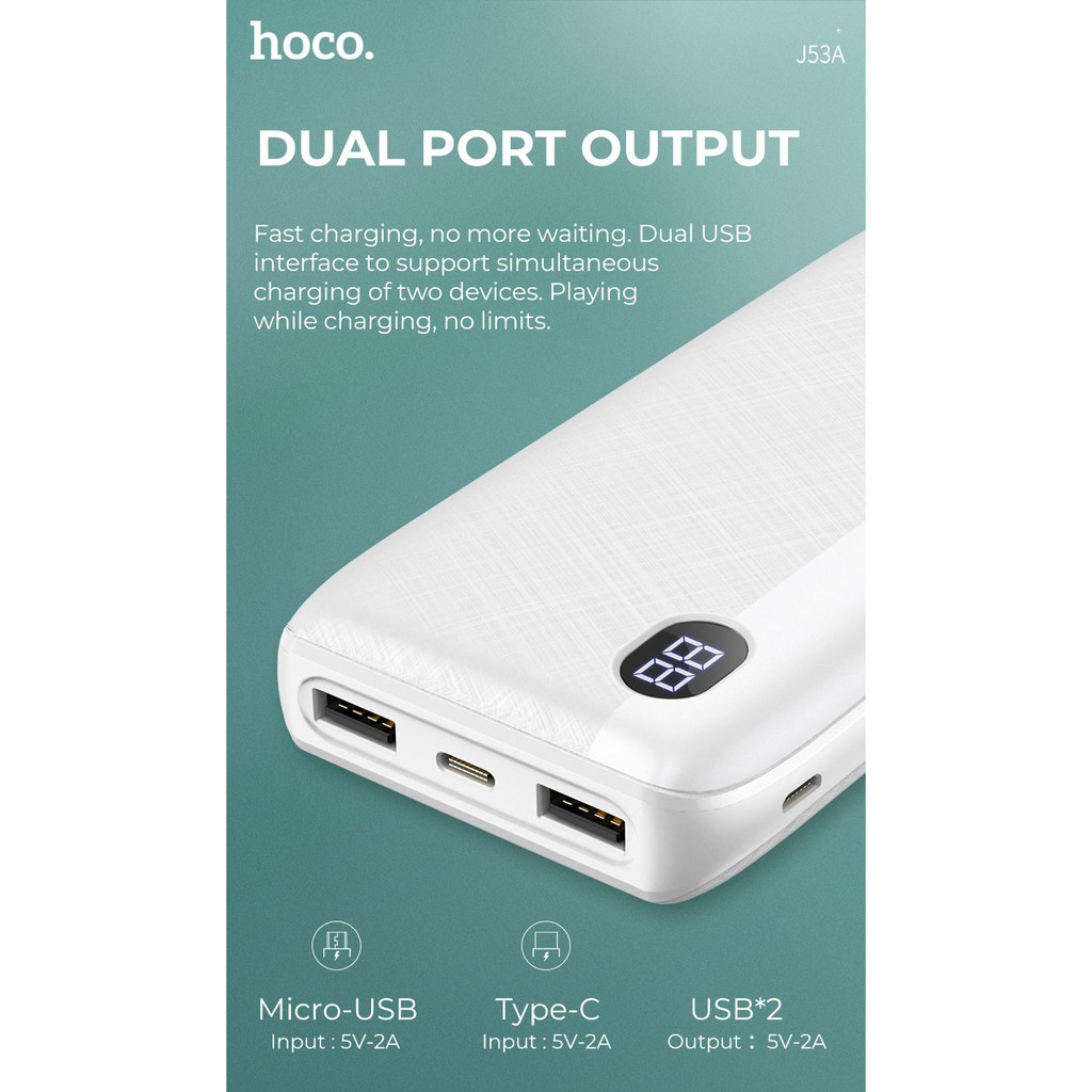 Sạc dự phòng ⚡CHÍNH HÃNG⚡ pin sạc dự phòng 20000mAh J53A  2 cổng input, 2 cổng output max 2A,màn hình LCD %pin