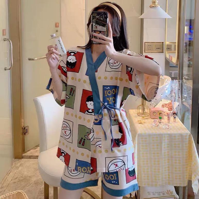 Bộ Pijama Nữ Dây Eo Cộc Tay Icon, Set Ngủ Mặc Nhà Ngắn Tay Nhiều Màu SIÊU HOT | BigBuy360 - bigbuy360.vn