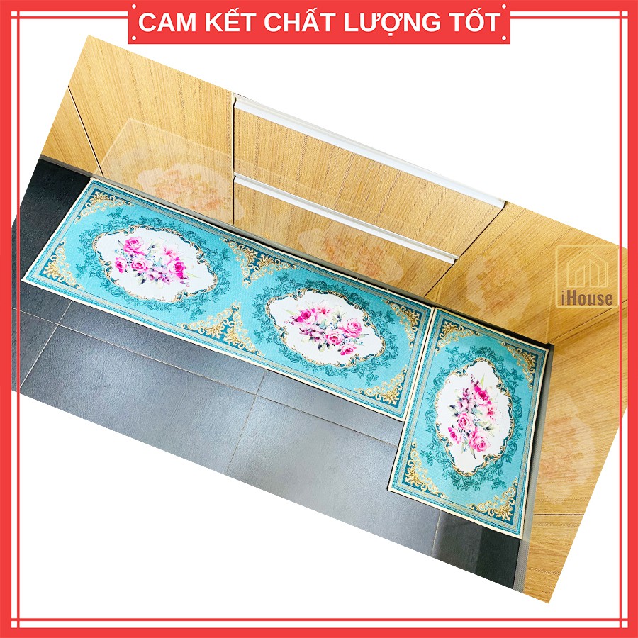 Bộ thảm lau chân nhà bếp họa tiết Cổ Điển nền xanh da trời, thảm nhà bếp dài trang trí bền đẹp (gồm 2 miếng)