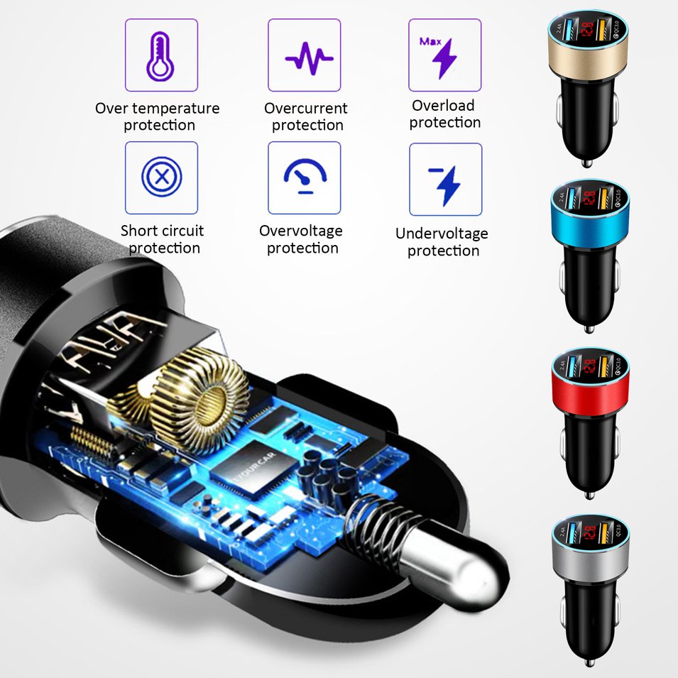 Tẩu Sạc Hai Cổng USB Có Màn Hình LED Cho Xe Hơi