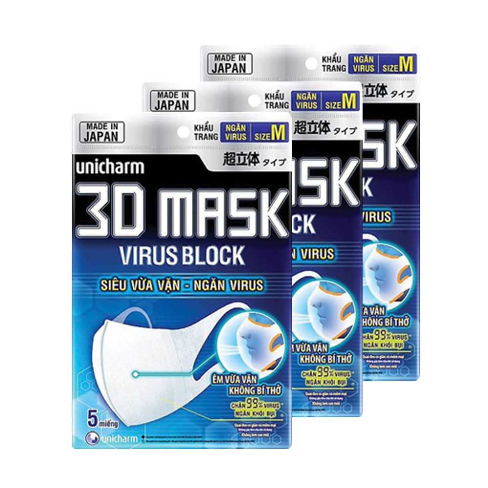 Khẩu Trang Ngăn Vi Khuẩn Unicharm 3D Mask Virus Block Size M (5 Miếng/Gói)