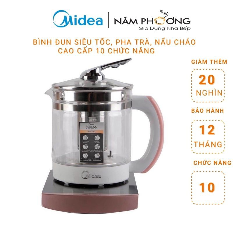 Bình đun điện giữ ấm thủy tinh đun nước, pha trà, sắc thuốc đa năng Midea 1.5L MK-17HC - chính hãng