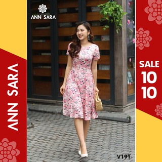 V191 - Váy xòe cổ tròn hoa nhí nền hồng ANN SARA