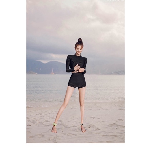 Áo tắm 2 mảnh tay dài quần đùi full đen