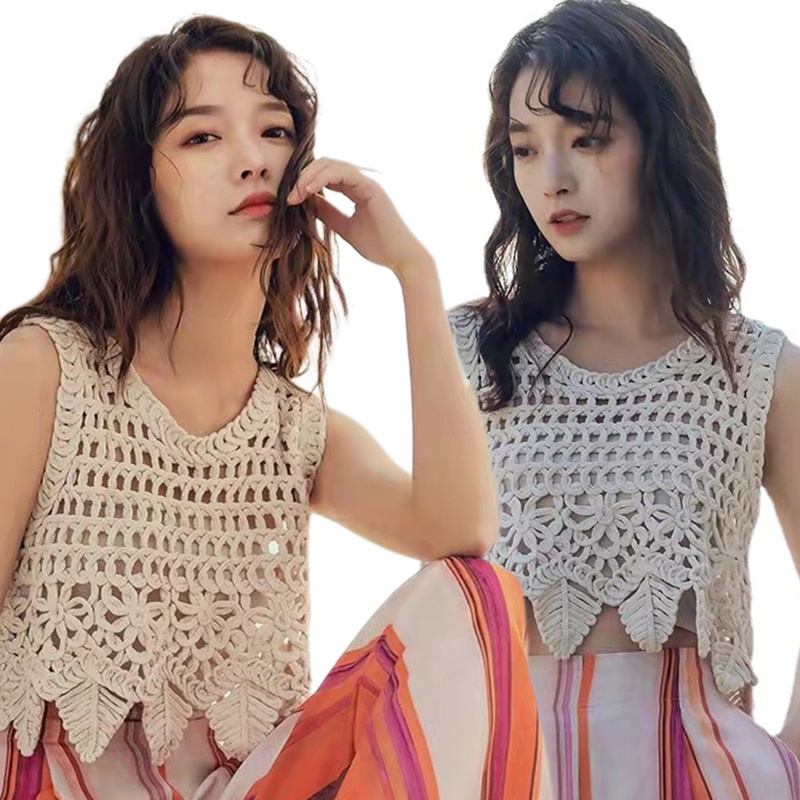 Áo Croptop Dệt Kim Không Tay Họa Tiết Hoa Lá Thời Trang Đi Biển Cho Nữ