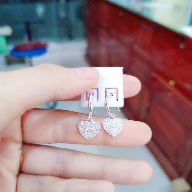 Bông tai bạc Bông Trái Tim nạm đá trắng nhỏ  Van jw